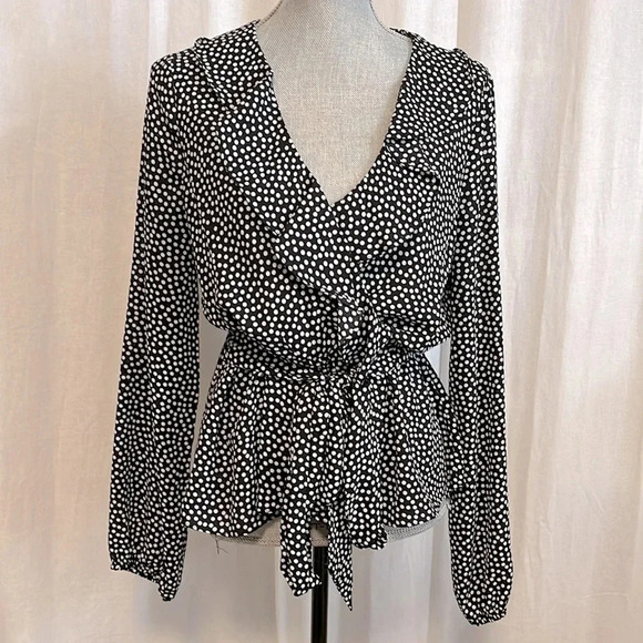 MAX STUDIO Ruffled Polka Dot Blouse Elastic Waist Bow  Tie, Size L - Picture 1 of 11
